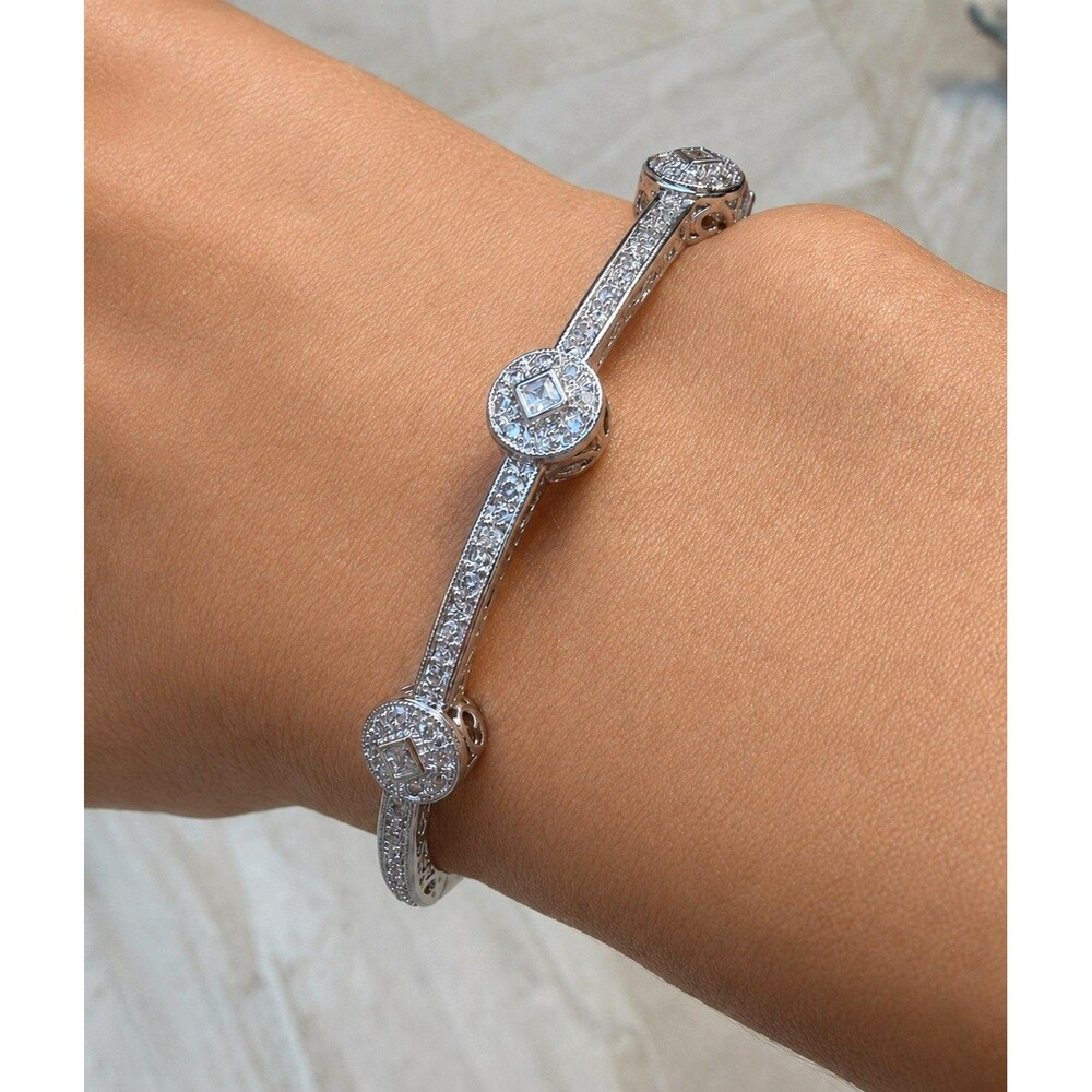 Rhodium Plated Cubic Zirconia Hinged Bangle Filigree Halo Slim Design Bracelet